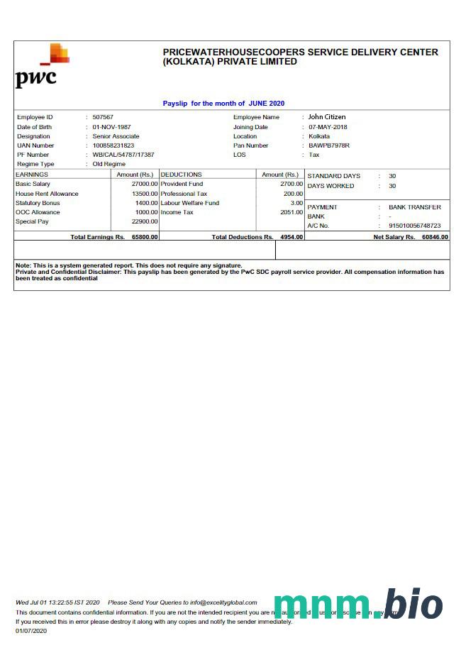 Indie PRICEWATERHOUSECOOPERS Service Delivery Center (Kalkuta) Private limited payslip w formatach Word i PDF